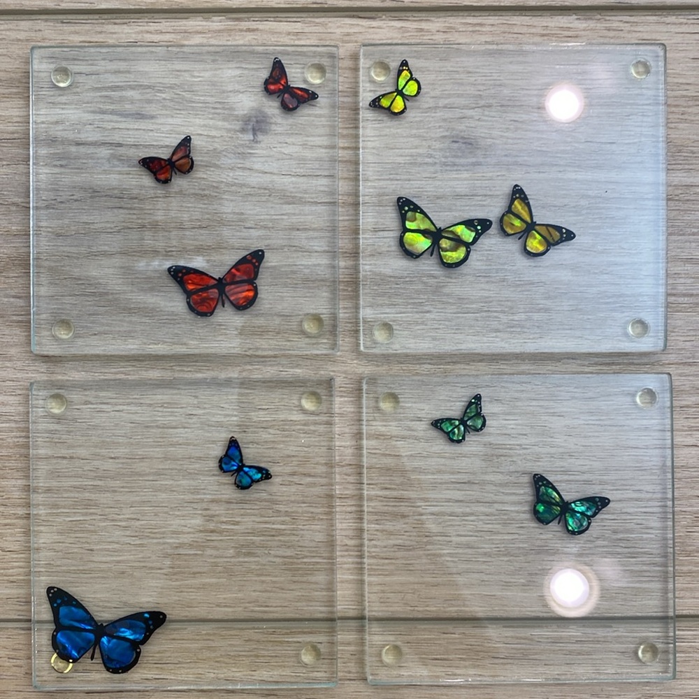 Smashing Glass NZ Abalone Butterfly Glass Coasters Modern Boho Chic With Box - Picture 4 of 10